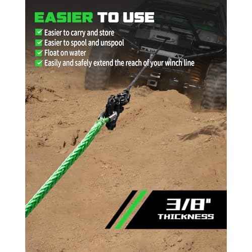 DAYDOOR Winch Rope Extension, 3/8'' x 92ft Synthetic Winch Extension Rope, 26,500 Lbs Winch Extension Line for Off Road Vehicle ATV UTV SUV Jeep(Green)
