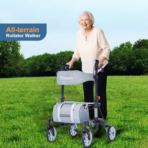 Lightweight Rollator Walker All-Terrain Ultra Compact One-Click Folding with seat and Adjustable Height backrest, 300 lbs Capacity, 8" Wheels for Seniors, Adults, bariatric, Includes Cane Holders