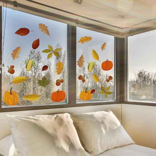 Autumnal leaves Window Decal,Autumn Theme Vinyl Window Sticker,Removable Autumn decor For Children'S Room, Classroom, And Daycare Centers Fall Thanksgiving Party Supplies (Pumpkin-Themed Window Decal)