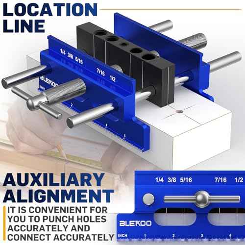 Upgraded 6.7 inch Self Centering Doweling Jig Kit (Blue), Drill Jig For Straight Holes Biscuit Joiner Set With 6 Drill Guide Bushings, Adjustable Width Drilling Guide Power Tool Accessory Jigs