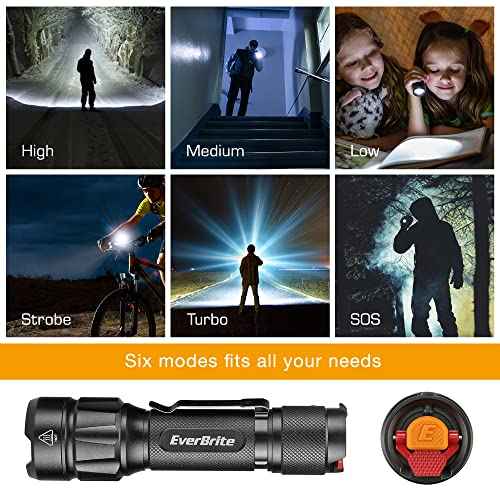 EverBrite LED Tactical Flashlight, Rechargeable Flashlight 750 Lumens with Lanyard & Clip, 6 Modes (High/Medium/Low/Strobe/SOS/Turbo), for Camping, Hiking, Emergency, Survival Use