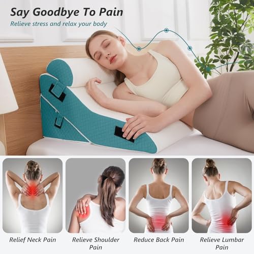 Bed Wedge Pillow Set for Sleeping 3 PCS - 22.5" Wide Triangle Pillow for Back Leg Pain Relief with Washable Cover - 35D Foam Wedge Pillow Post Surgery for Acid Reflux & Snoring (White Blue)