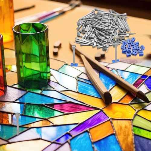 Zonon 150 Pcs Stained Glass Making Tool Set 100 Horseshoe Nails and 50 Glass Stop Blocks for Making Stained Panels