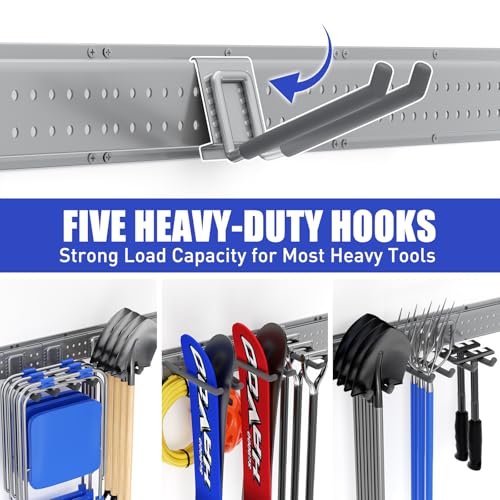 Garage Tool Organizer Wall Mount 48 inches with 10 Adjustable Heavy-Duty Hooks, Garage Organization, Garden Tool Storage Rack, Yard, and Shed, Holds Up to 400 lbs (Grey)
