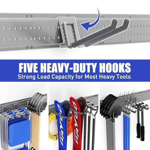 Garage Tool Organizer Wall Mount 64 inches with 13 Adjustable Heavy-Duty Hooks, Garage Organization, Garden Tool Storage Rack, Yard, and Shed, Holds Up to 520 lbs (Grey)