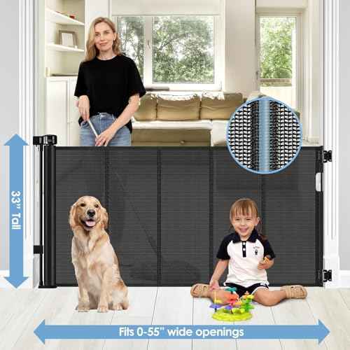 Reinforced Retractable Baby Gates with Support Rods, Extends up to 55¡± Wide, Retractable Dog Gate for Doorways Prevent Bottom Crawling Through, Mesh Pet Gate for Stairs Indoor Outdoor, Black