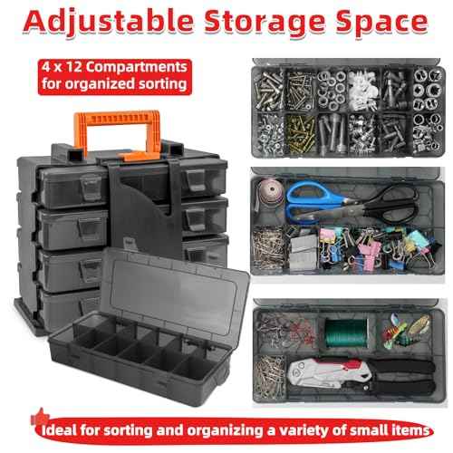 ZKH Small Parts Organizer Box, Clear Tackle Box Organizer with 4x12 Compartments, Removable Dividers, Stackable Bead Organizer Box, Ideal Craft Organizers and Storage for Beads,Screws,Fishhooks,Parts