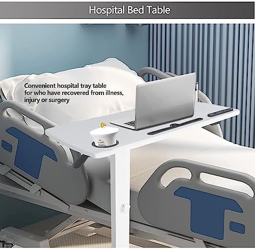 Overbed Table,Hospital Bed Table,Pneumatic Bed Tables Adjustable Over The Bed with Hidden Wheels&USB Port,Mobile Laptop Table Cart and Rolling Bedside Table with Tray Hospital Home Use-White1