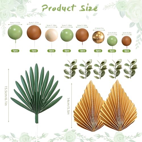 38 PCS Balls Cake Toppers Palm Leaves Cake Decorations for Birthday Wedding Baby Shower Party Supplies Mother's Day （Sage Green）