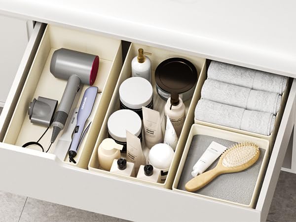 DIMJ Drawer Organizers Clothes, Set of 4 Dresser Organizer Bins, Fabric Closet Organizers and Storage, Shallow Drawer Dividers for Nursery, Clothing, Baby Clothes, Socks, Underwears, Tie (Beige)
