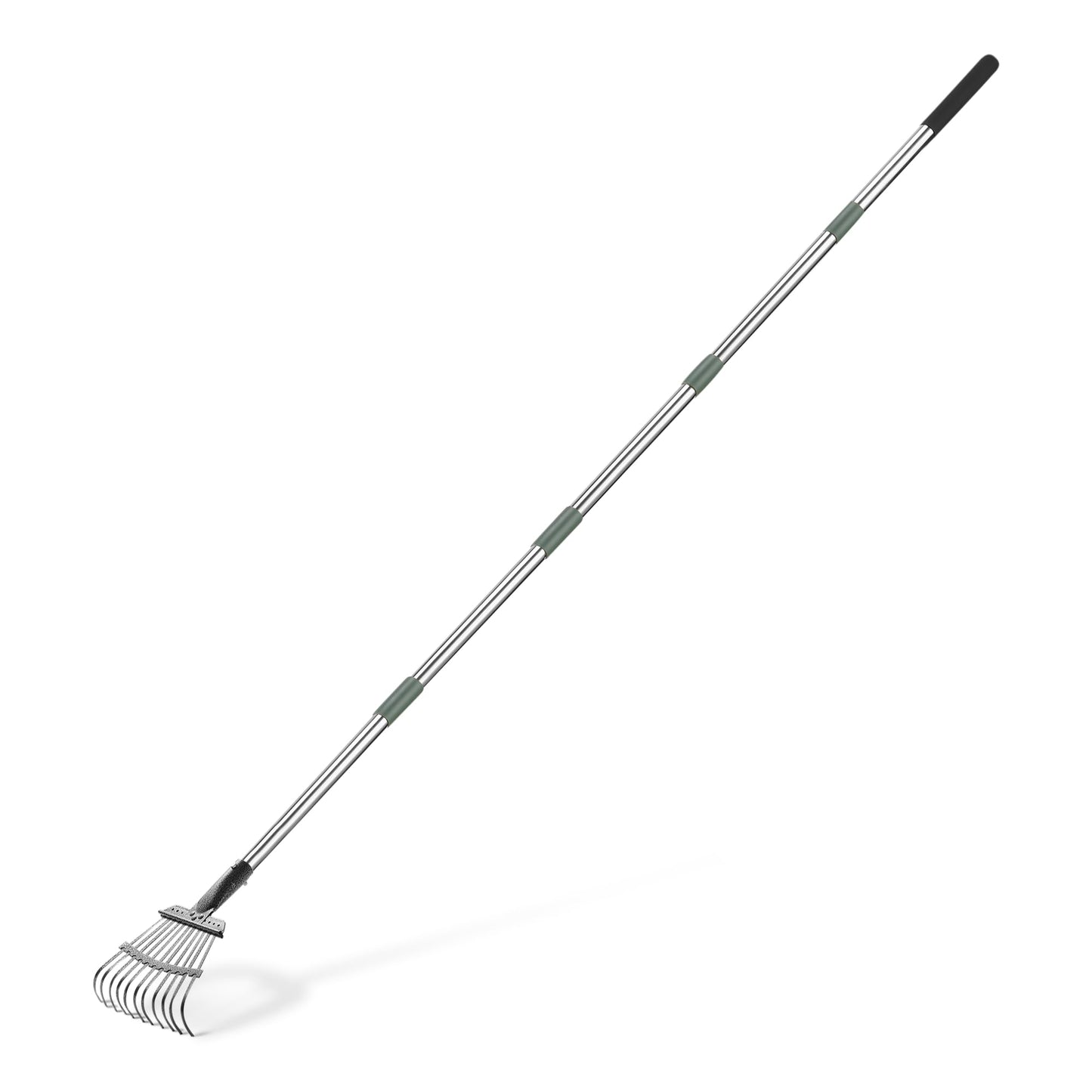 Amazon Basics Garden Rake, Leaf rake with 38.5" - 80.5" Adjustable Steel Handle, Gardening tools for Yard Work, Olive/Black/Silver