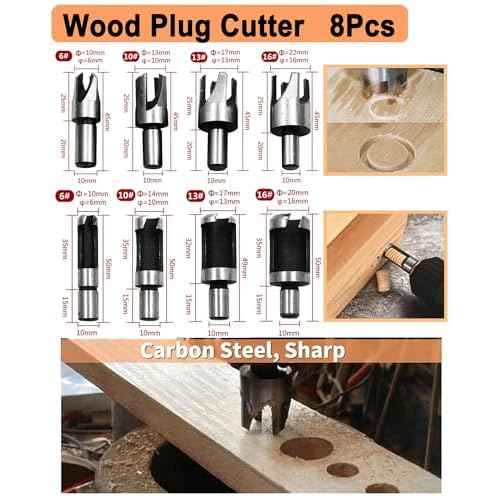 34 Pack Wood Working Chamfer Drilling Tools, 6 Countersink Drill Bit Set, 7 Counter Sinker Drill Bit Set, 8 Plug Cutters for Wood, 8 Drill Stop Bit Collar Set and 3 Step Drill Bits.