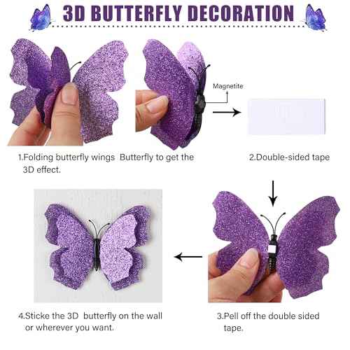 LiveGallery 36pcs Removable 3D Double Side Wings Butterfly Wall Stickers DIY Glittering Twinkle Butterflies Wall Decals Butterfly Wall Art Decor Decoration for Home Kids Bedroom Nursery (Purple)