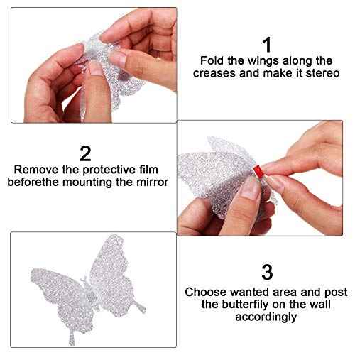 BBTO 48 Pieces Butterfly Wall Decor DIY Mirror 3D Butterfly Stickers Removable Decals for Home Bedroom School Bathroom Living Room Decor(Glitter Silver)