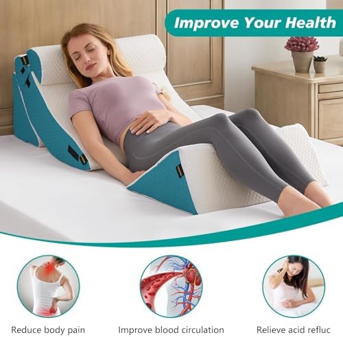 Orthopedic Bed Wedge Pillow Set for Sleeping 4 PCS - Adjustable Triangle Pillow for Neck Leg Support with Washable Cover - 35D Foam Wedge Pillow Post Surgery for GERD & Snoring (White Blue)