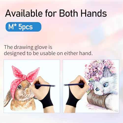 Falling in Art 5 Pack Drawing Gloves With Two Fingers, Digital Artist for Left and Right Hand, Soft Art for Graphic Drawing Tablets, iPads, Monitors and Paper Sketching, M