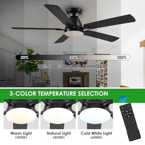 Ceiling Fans with Lights, 56" Flush Mount Ceiling Fan with Light and Remote/APP Control, Low Profile, Modern Ceiling Fan Reversible, Dimmable, Noiseless, Black for Bedroom