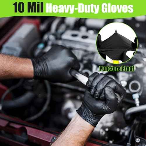 TREEGO 10 Mil Black Nitrile Gloves 100 Large, Extra Thick Disposable, Raised Diamond Grip, Latex & Powder Free ? Rubber Gloves Heavy Duty for Mechanic, Construction, Automotive