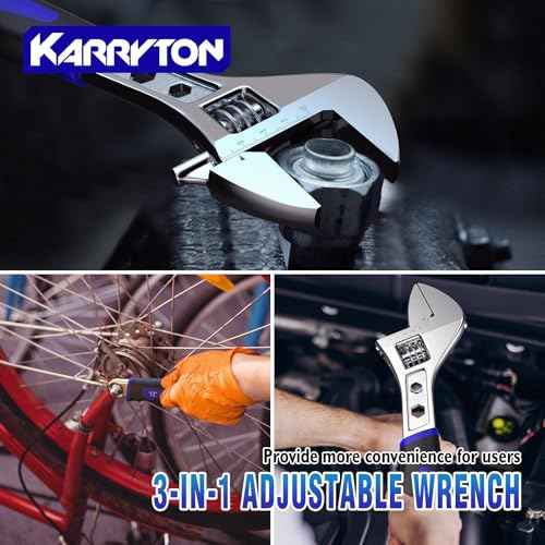 Adjustable Wrench Set (6" 8" 10" 12"), 3-in-1 Spanner Wrench w/Box End/Hex Function, Scales Metric and SAE, Drop Forged CR-V Steel, Chrome Plated, Ergonomic Soft Grip, Hanging/Rolling Bag