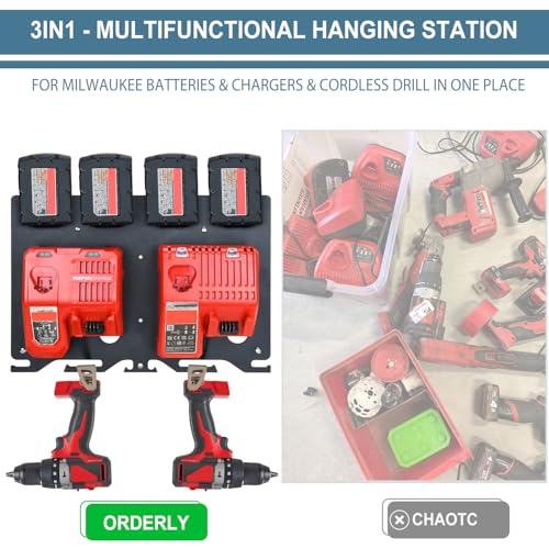 3-in-1 Metal Wall Mount for Milwaukee Chargers Batteries Drills Storage Rack for 4x 18V Battery Packs Bracket Holder for 2x M12-18C Charger/2x M12-18FC Charger/1x M18 DFC, Power Tool Organizer