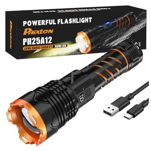 Super Bright Flashlight High Lumens 3000 Rechargeable, Powerful Strong 50W LED, Long Lasting 15 Hours, Quick USB C Charge, Improved Single Click Design 3-Mode, LCD Display & Output, for Hiking Home