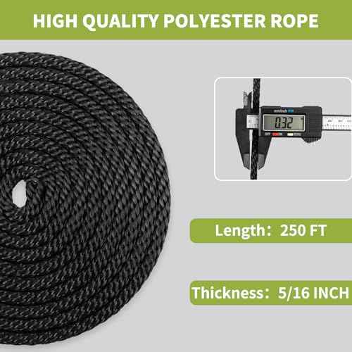 5/16 Inch 250FT Black Polyester Solid Braid Rope | High UV & Abrasion Resistance | Industrial Grade, Low Stretch | Multipurpose for Flag Poles, Clotheslines