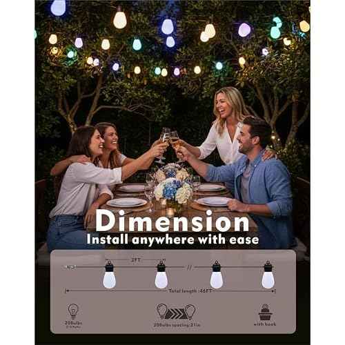 Honche Outdoor String Lights S14, 46FT Patio Lights with 20 Shatterproof LED Bulbs, APP & Remote Control, 213 Scene Modes, USB Powered, IP67 Waterproof for Garden, Wedding, Party, Camping