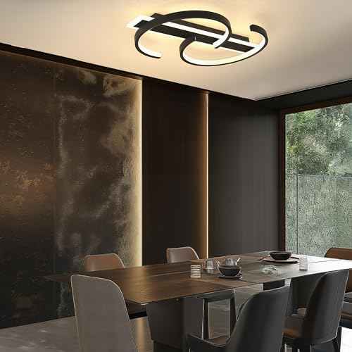 LED Ceiling Light 2 Rings Black Modern Flush Mount Ceiling Lamp with Remote 3000-6000K Living Room Light Fixture 23.62in for Bedroom Dining Room Office