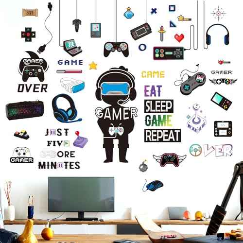 Gamer Wall Stickers - Controller Eat Sleep Games Joystick Video Gaming Wall Decals - Boys Bedroom Playroom Baby Kids Room Wall Decor