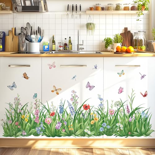 wondever Green Grass Wall Corner Stickers Flowers Butterflies Wildflower Baseboard Skirting Line Wall Decals for Bedroom Living Room