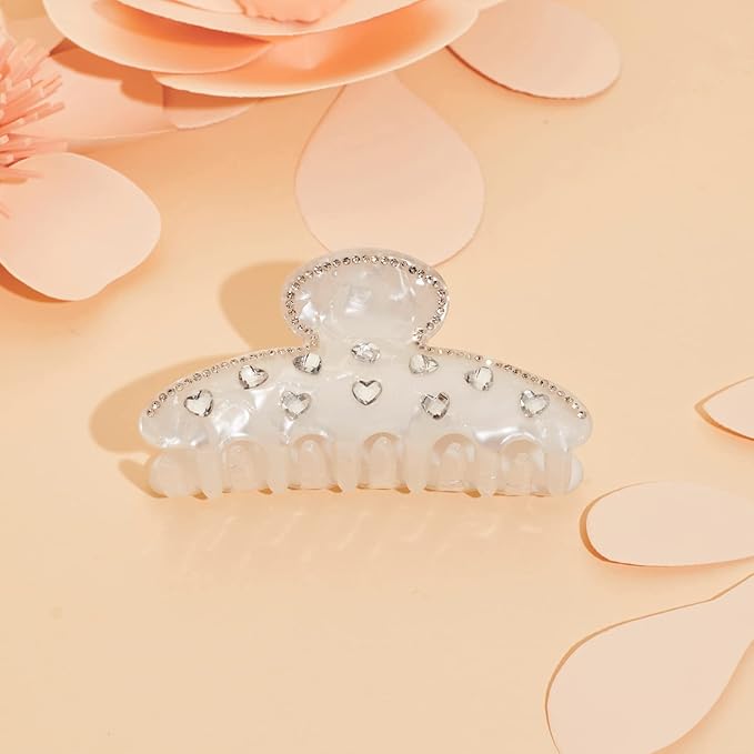 LILIE&WHITE Ivory Acrylic Hair Clip with Heart Shape Rhinestones, Medium Size, 2 Pieces, Women's Hair Accessory