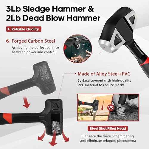 YIYITOOLS 4-Piece Hammer Set - 2LB Dead Blow, 24oz Ball Peen, 20oz Claw, 3LB Sledgehammer - One-Piece Carbon Steel Forging, Ergonomic Anti-Slip Rubber Grips for Garages, Repair Shops, and DIY