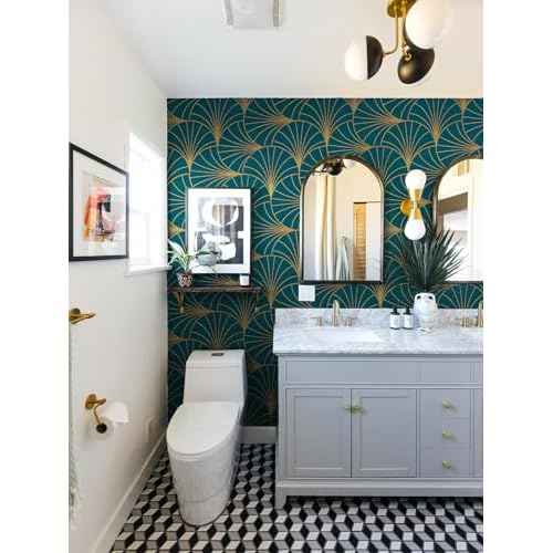 Safiyya 118"x17.3" Wallpaper Gold and Teal Blue Peel and Stick Wallpaper Geometric Stripe Contact Paper Self Adhesive Removable Wallpaper Modern Boho Contact Paper for Walls Covering Vinyl Rolls