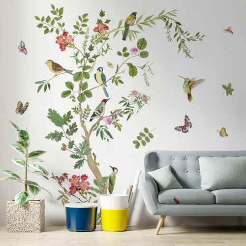 Tree Wall Stickers Branch Bird Wall Decals Green Leaves Flowers Birds Wall Stickers DIY Peel and Stick Waterproof Wall Murals Decor for Living Room Nursery Bedroom (Retro Tree)