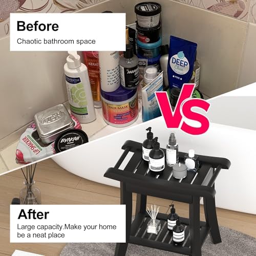Bamboo Shower Bench Stool with Storage Shelf Small Shower Chair Seat for Inside Shower 19 x 10 x 18 Inches Black
