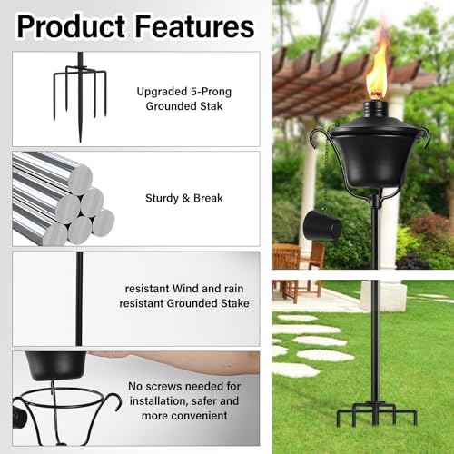 6 Pack Outdoor Garden Torch, 15 oz Outdoor Citronella Torches, 58 Inch 5-Prong Grounded Stake Torches, Metal Torches with Fiberglass Wick for Yard, Patio, Deck, Garden, Party, Landscape