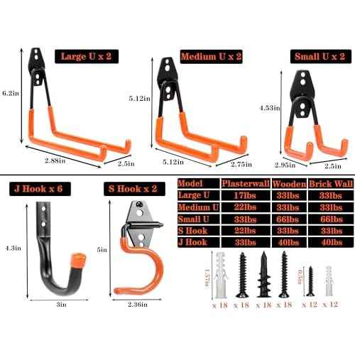 TocTen Garage Hooks, 14 Pack Garage Storage Hook Heavy Duty Solid Steel Wall Hooks, Wall Mount Storage Hook Kit with Anti-Slip Coating Ladder Hooks for Hanging Garden Tools Chair Hose Ropes (Orange)
