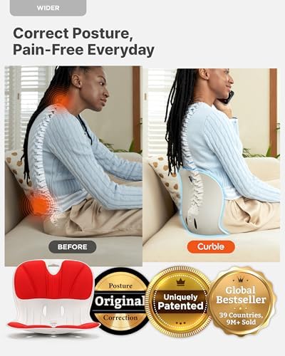 Curble Wider(Standard Wide) – Ergonomic Lower Back Support, Lumbar Support Back Posture Corrector for Low Back Pain Relief, Perfect for Home Office Desk Chair, and Floor Seat, Patented (Red)