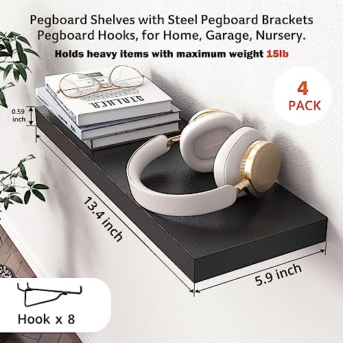 Black Pegboard Shelf, 4 Pack Wooden Pegboard Shelves with Metal Brackets Hooks, Heavy Duty Peg Board Organizer Shelves, Pegboard Accessories Organizer for Crafts Room, Garage, Workbench, Office