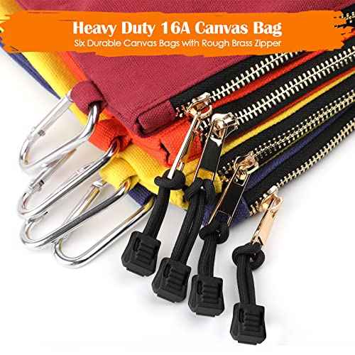 Canvas Tool Pouch Zipper Bags,16OZ(A) Utility Bags Heavy Duty Tools Pouch with Carabiner, 12 * 7 Inch Multipurpose Durable Storage Organizer Tote,6 Pack