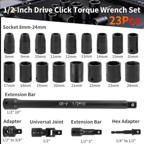 23PCS 1/2-Inch Drive Torque Wrench Set, 10-170FT.LB/13.6-230.5Nm, 1/2 Drive Click Torque Wrench Set, 72-Tooth Dual-Range, ¡¾3% Precision Adjustable Torque Wrenches for Cart, Motorcycle, Lug Nut