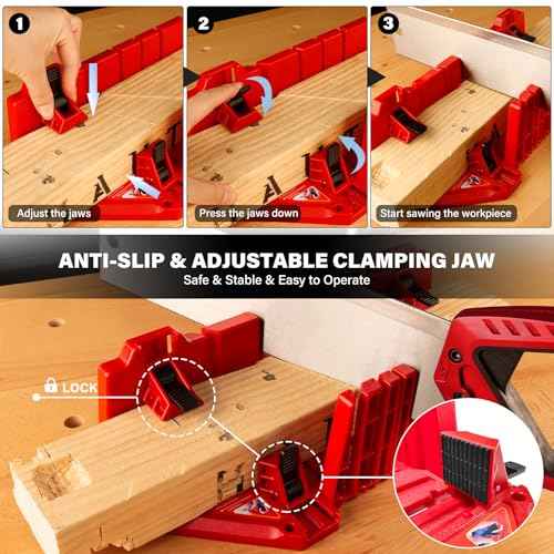 HAUTMEC 14 Inch Clamping Miter Box with Adjustable Jaw & 4 Anti-Slip Clamps, Heavy Duty ABS Mitre Saw Box with 22.5¡Æ, 45¡Æ, 90¡Æ Cutting Angles for Woodworking, Trim, Frames, DIY Projects ? HTHDM25036