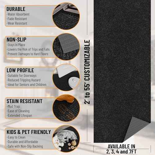 Ottomanson Hallway Runner Rug 2' x 6' Durable Non-Slip Mat with Scraper Pile for Indoor & Outdoor Use - Ideal for Kitchen, Entryway, Patio & Garage - High-Traffic Carpet, Black