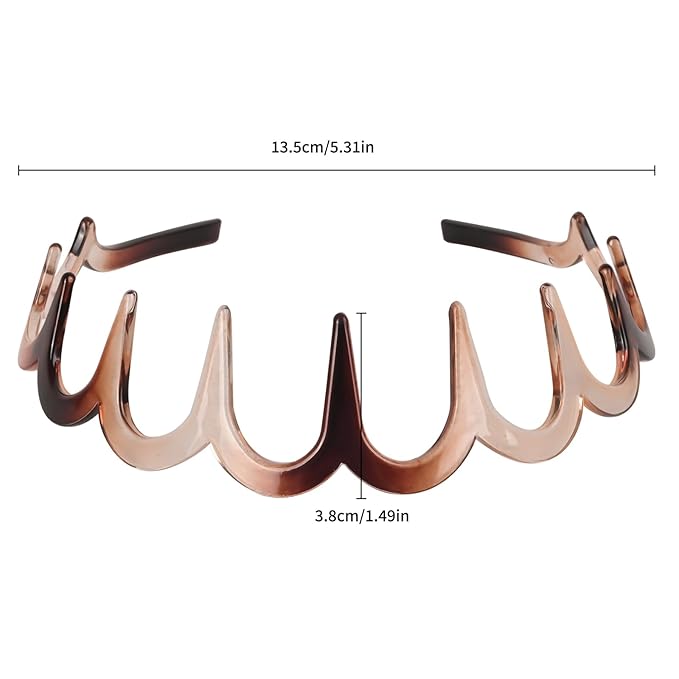 Zigzag Headbands for Women, 2-Pack U-Shaped Hair Comb Headband, Non-Slip Slick-Back Hair Accessories, Tortoiseshell & Amber Gray Recycled Plastic, Teeth Hairband for Everyday Styling & Workout