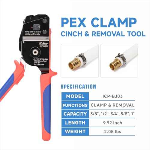 iCrimp ICP-BJ03 PEX Clamp Tool for Cinch and Removal of 3/8-in, 1/2-in, 3/4-in and 1-in PEX Clamp Rings, One-handed PEX Crimping Tool