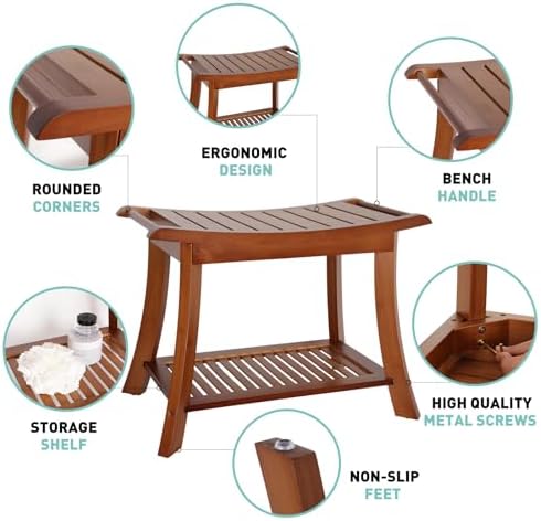 VVW Bamboo Shower Bench & Stool with Storage Shelf, Bath Benches for Inside Shower, Bathroom Stools 2-Tier Spa Seat for Adults Elderly (Walnut)