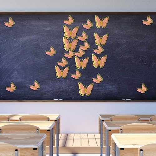 24pcs 3D Butterfly Wall Decor, 3 Sizes Hollow Butterfly Decorations Wall Stickers Removable Butterflies Art Decals for Bedroom Living Room Party Decor (Pink Gold)