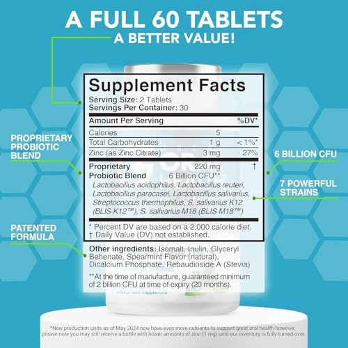 Oral Probiotics for Mouth Bad Breath Treatment for Adults; Dentist Formulated Dental Probiotics for Teeth and Gums Health & Chronic Halitosis with BLIS K12 M18, 60 Chewable Oral Health Tablets Mint