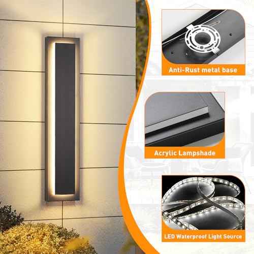 24 in Porch Lights Outdoor Sconce Lights,Modern Exterior Front Door Lighting Fixtures,Black Led Long Outdoor Wall Light,Waterproof Outside Lights for House,Patio,Garage,24 W Warm White 1 Pack