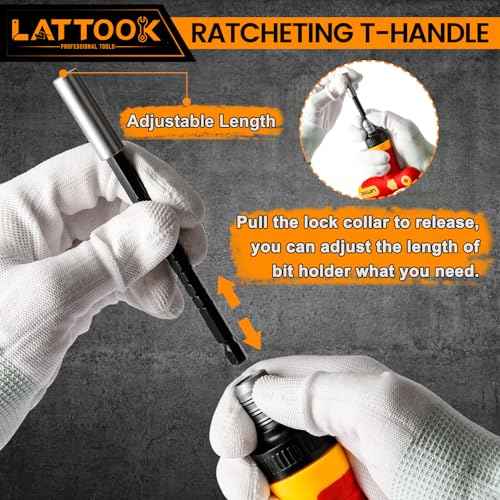 T Handle Ratchet Driver, LATTOOK 1/4¡± Ratcheting Bit Driver T Handle with Adjustable Extension, Non-slip Material, Screwdriver Handle for Holding Bits